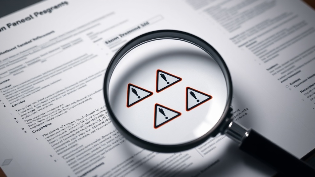 서류 위에 경고 표시가 되어 있는 돋보기를 통해 부실한 내용을 걸러내는 상징적인 이미지
