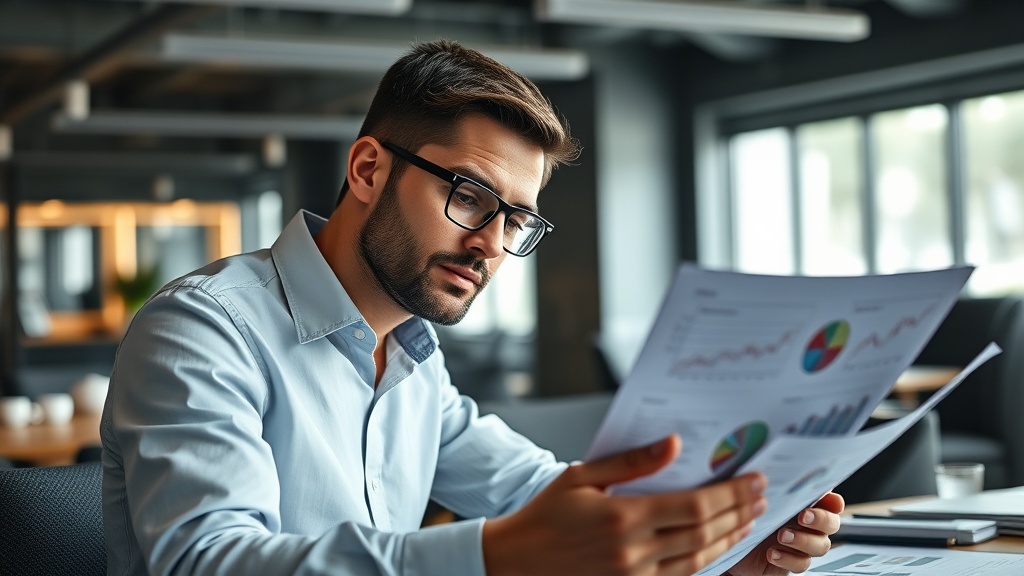 복잡한 데이터와 마케팅 문구를 비판적인 시각으로 분석하고 있는 사람의 모습